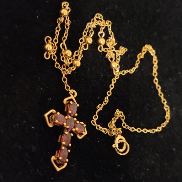Elegant Garnet Glass Cross Necklace 14K Gold Over Silver 925 - Picture 10 of 13